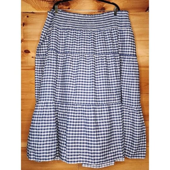 Universal Thread Blue White Check Gingham Tiered 4X Midi Long Skirt Picnic Plaid - Picture 9 of 12